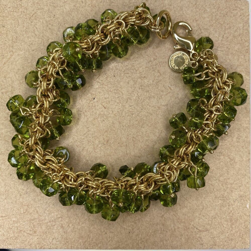 Roberta Chiarella Green Crystal Dangle Beaded Bracelet Gold Tone - Picture 7 of 7